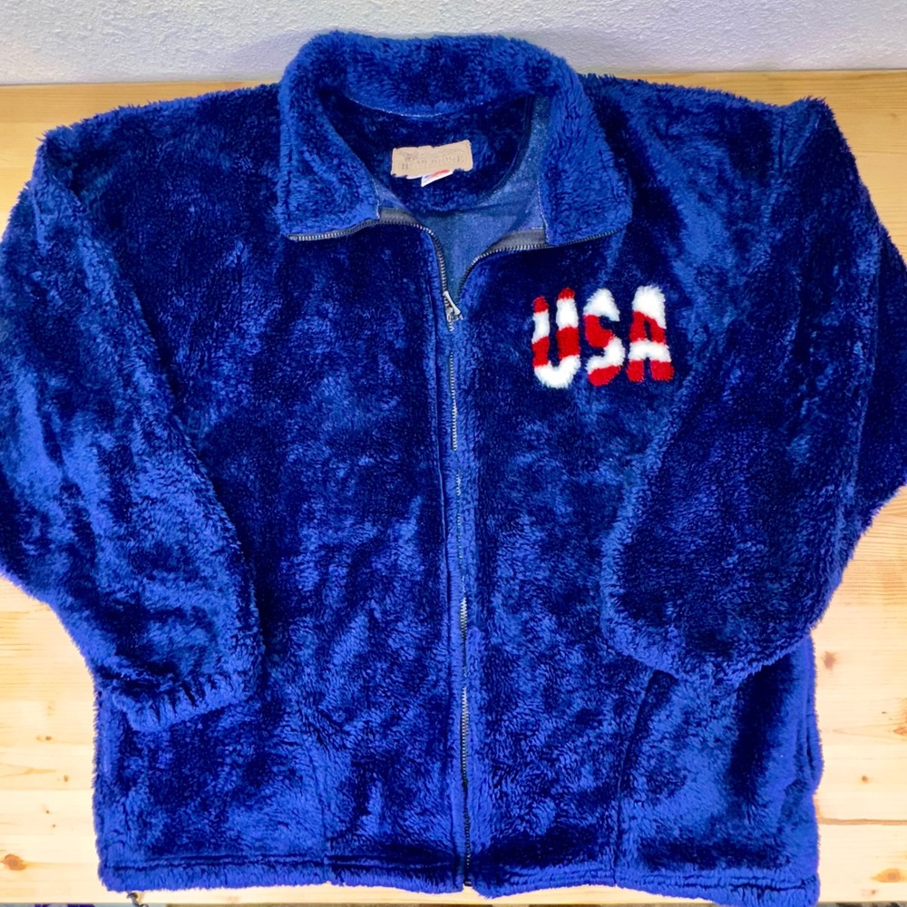Vintage Bear Ridge USA Flag Sherpa‎ Fleece Jacket XL Made in USA Patriotic 90s